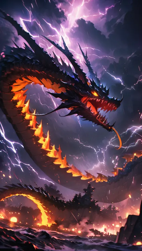 Highest quality, Highest quality, 16K, Unbelievably absurd, Very detailed, 2.5D, delicate and dynamic,  Moonlit Night, storm, thunderstorm, Scary Sky, Tiny faint lights and colorful lights, frying King Ghidorah, frying dragon which has three twin tails,