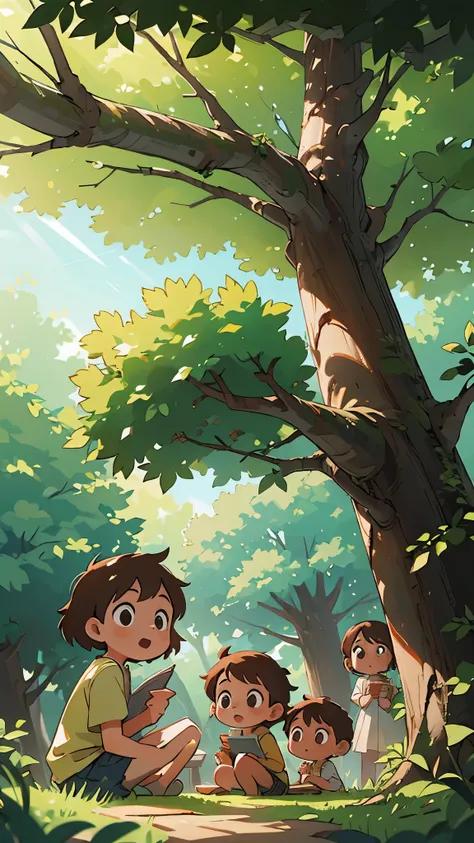 Four children gathered under a large oak tree, sketching plans for a treehouse, sunlight filtering through the leaves