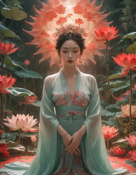 Full-body photo of a courtesan in lotus position,Praying with palms together、Anatomically correct,born, Cinematic shots, (Sharp focus:1.5), (Realistic:1.4), dusk lighting, (Look this way)、(Front facing)、Volumetric lighting, Ultra-high resolution, 16K,Drama...