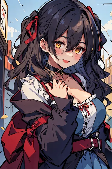 (masterpiece:1.2), (high quality:1.2), (hui xiyi:0.6), rekkyo sensen, rekkyou sensen, girls with((black hair, bangs, (one side up, long wavy hair:1.55), hand up, waving is hands, perfect hands, perfect fingers, exposed breasts, tits cleavage, breasts close...