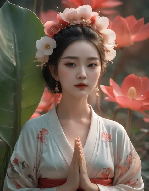 Full-body photo of a courtesan in lotus position,Praying with palms together、Anatomically correct,born, Cinematic shots, (Sharp focus:1.5), (Realistic:1.4), dusk lighting, (Look this way)、(Front facing)、((Less exposed skin)),Volumetric lighting, Ultra-high...