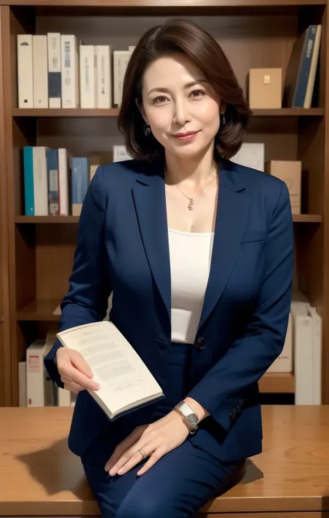 (Highest quality,8K,masterpiece),
Japanese Mature, 45 years old, Amorous, Very beautiful face,Lip gloss,Expressions of ecstasy, Big Breasts, Navy blue suit, Read the documents on the desk, office, sit, Wearing a ring, Bookshelf, A large number of books