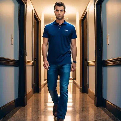 portrait of handsome caucasian man in the hallway, night, blue shirt, brown hair