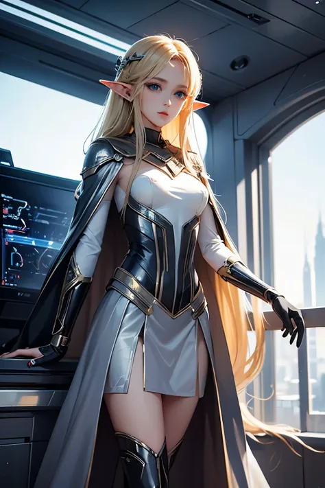 masterpiece,Highest quality,Very detailed,Elf Beautiful Girl,Long blonde hair,Very detailed eyes,Thin legs,Long skirt, underweight,Small breasts,Black sci-fi suit,Cape,Sci-fi spaceship interior