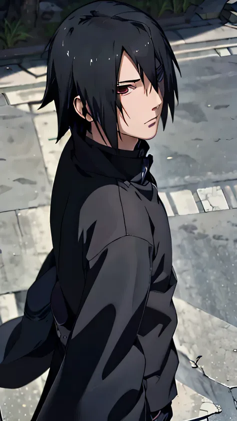 masterpiece, One Man, Great style, sasuke uchiha, Upper body naked, sasuke uchiha, Close ~ eyes, Look down,Downward,Under the line of sight,Black Hair, Cool guy,30 years old,Anime CG,from above,From above,From the back