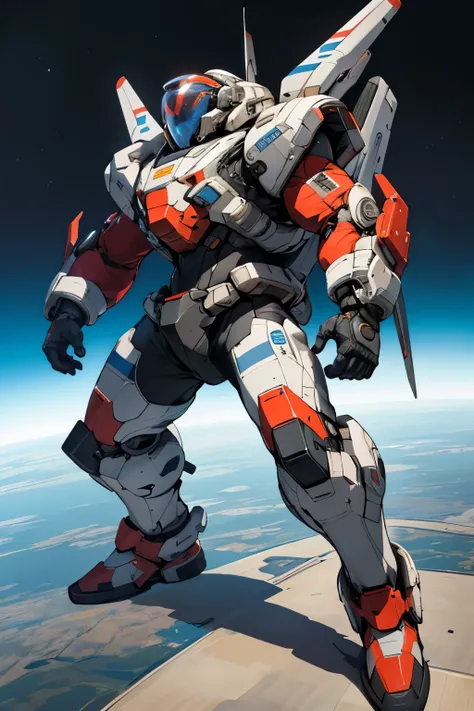 ((best quality)), ((masterpiece)), (detailed), 1spaceship pilot, wearing a technological pilot suit, fullbody in combat position.