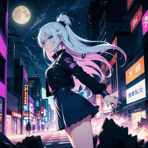 Futuristic anime-style album cover illustration. A long, desolate street stretches towards a giant full moon. Decaying buildings line both sides, creating a canyon-like effect. The street is littered with rubble and broken technology.

In the foreground, a...