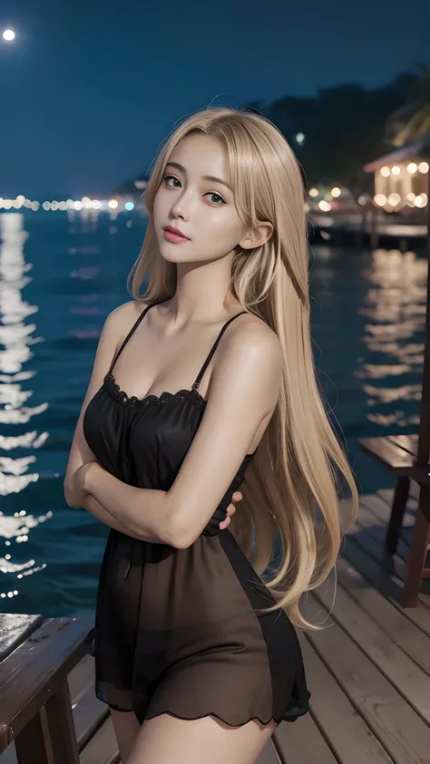 full hd 8k, Girl standing in front of a dark night scene, full moonlight reflecting on her beautiful face. Her long, silky hair was gently blown by the night wind, creating a gentle and romantic feeling. She is walking on a large beach. She looked up at th...