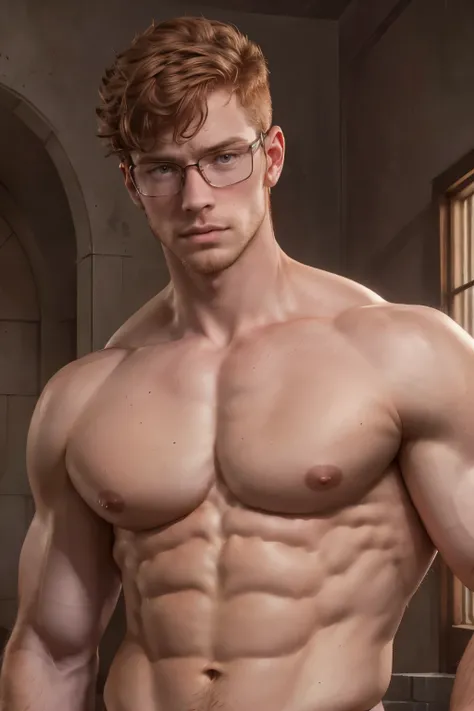 A portrait of a handsome redhead young man with short hair wearing glasses looking sternly at the camera, shirtless, (Best quality, 4k, Masterpiece :1.3), huge pecs , pink nipples, pale skin, lean, closeup, broad shoulders, symmetrical eyes, facial hair, s...