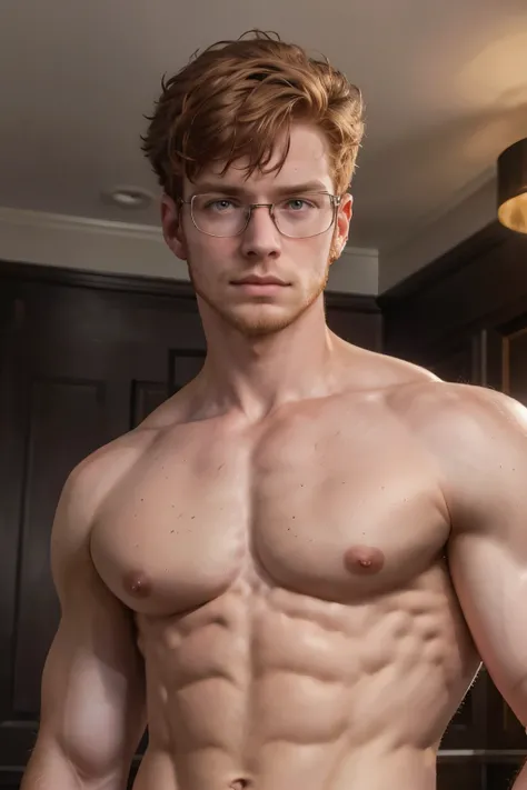 A portrait of a handsome redhead young man with short hair wearing glasses looking sternly at the camera, shirtless, (Best quality, 4k, Masterpiece :1.3), pink nipples, pale skin, lean, closeup, symmetrical eyes, facial hair, skinny, headshot, messy hair