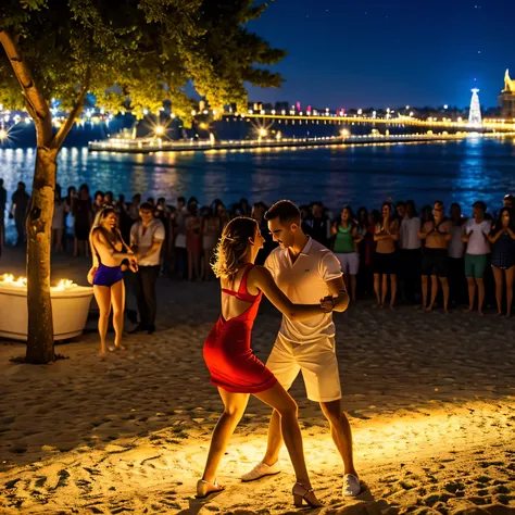 masterpiece, Best quality, ultra-realistic image, Embankment, party, women and men, beach, night, everyone is dressed in bright summer clothes. Party lights, music, ((dancing)), fun, many people, все танцуют на beachе, хороводы на beachе, lots of light fro...