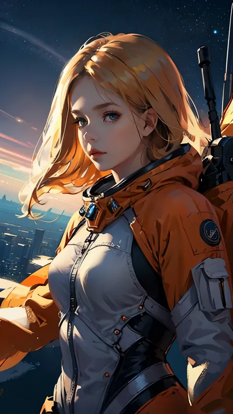 Looking at the camera、Upper Body、Long blonde、Orange space suit、Space Background、Flying through space、High resolution、High resolution、Maximum resolution 、Russian、Moderate bust、woman、cccp、
