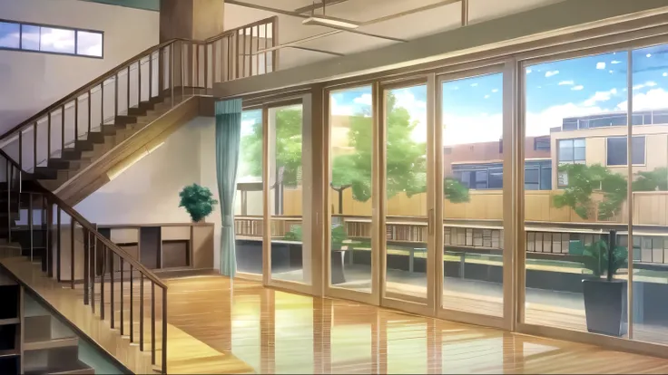 vnschoollibrary bookshelf, in the morning, Windows, Potted plants,  Student Groups, Wooden floor, Anime style,  stairs，bookshelf