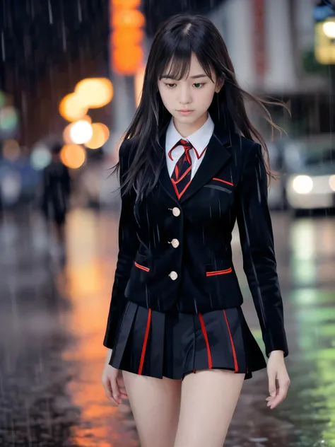 (Super close up face shot of one slender small breasts two side up black medium hair bangs girl in long sleeves black school uniform:1.5)、(One girl is walking with crying face on the main street in the rain at midnight:1.5)、(At skyscraper city landscape in...