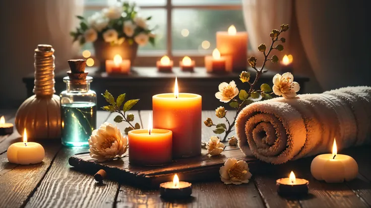 candles and towels are arranged on a table with bottles and flowers, 心地よいcandleslight, lit with candles, lit candles, room full ...