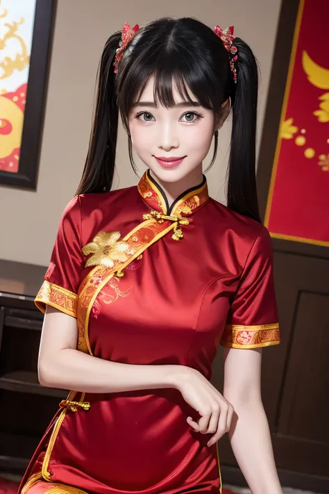 eyes are very fragile，twin tails cheongsam，chinese new year decorations（（smile artwork）））， （（best quality））， （（intricate details...