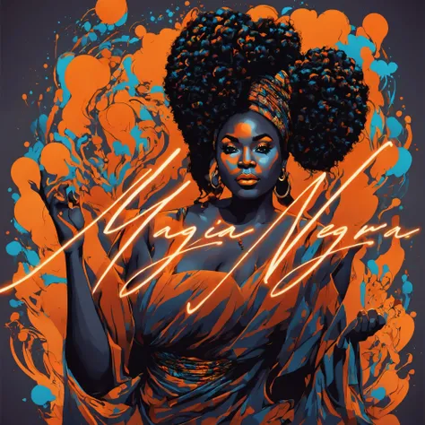 vector t-shirt art design, centered, orisha, illustration of a thick and fat black woman wearing a orange dress and making magic...