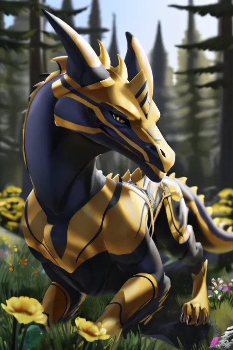 a black and gold dragon,quadruped,feral,4legged,a beautiful and detailed portrait,beau,beau from dragon booster,looking at viewe...