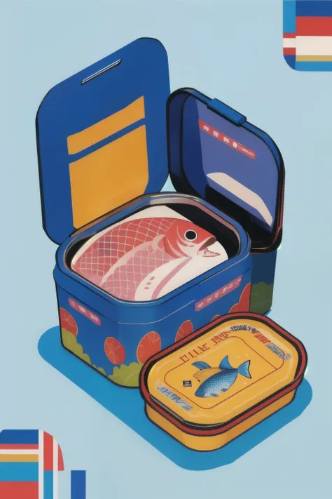 tinned fish tattoo,  fl4tstyle3, isometric, 2 colour