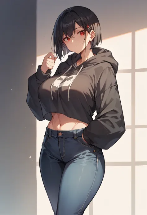 1 girl, black hair, red eyes, large breasts, curvy body, wearing black hoodie, black jeans, standing in the class, (masterpiece), 8K HD, extremely Detailed 