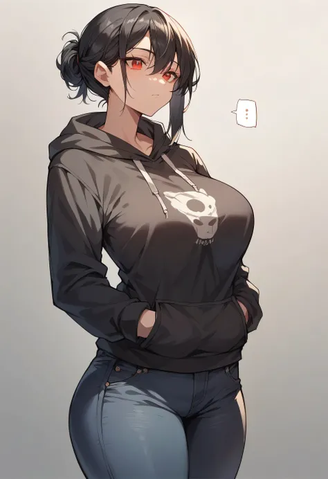 1 girl, black hair, red eyes, large breasts, curvy body, wearing black hoodie, black jeans, standing in the class, (masterpiece), 8K HD, extremely Detailed 