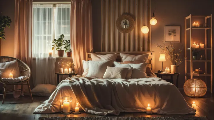 alafed bedroom with bed, chair, and the candles were lit, dimly lit bedroom, warm ambient lighting, warmly lit interior, pleasan...