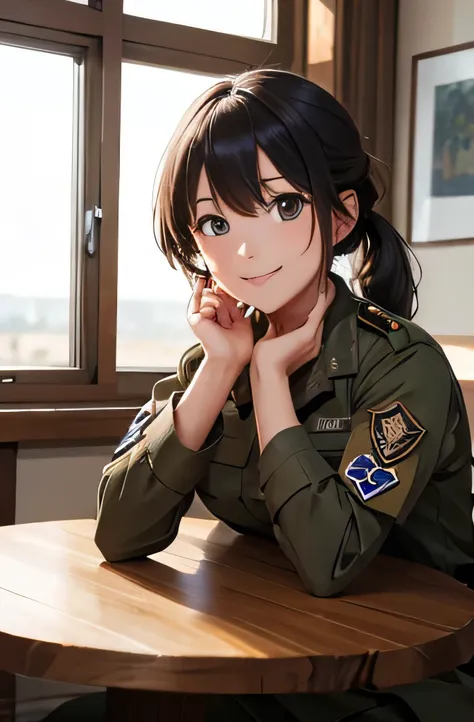 girl in combat uniform,summer,,smile,round table,sit down,drink coffee,8k, highest quality, masterpiece