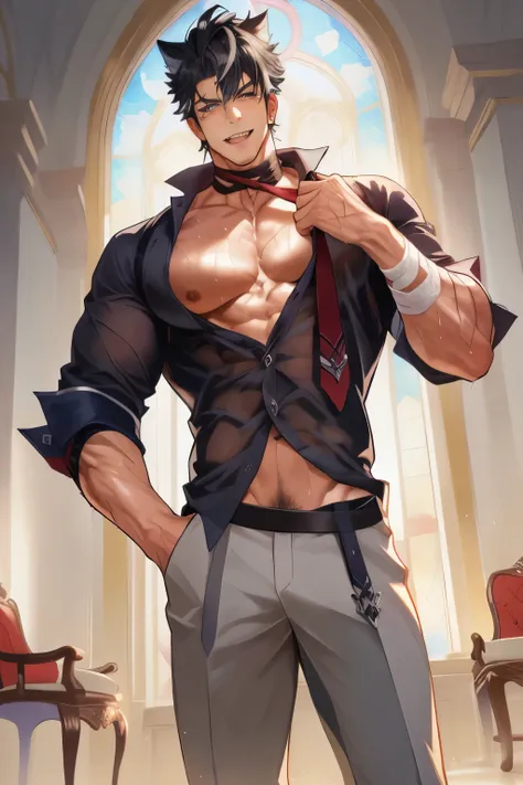 Anime characters topless，Wearing a tie，Standing in the room, Anime handsome man, Cool anime poses, Extremely detailed Artgerm, Silas, SFW version, Fluffy chest, High resolution commissions, artgerm, Male Art, V-neck dress, Tall anime man with blue eyes, (S...