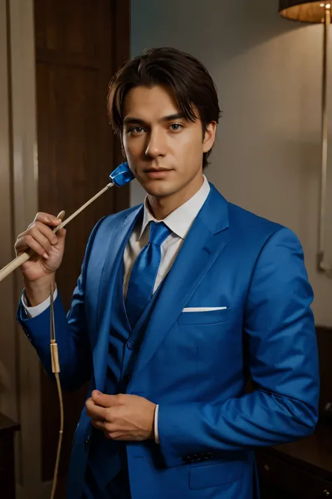 Person in a blue suit and a blue lamp attached to a stick