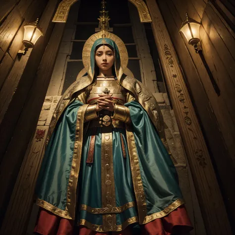 Create a medieval lighting frame in the same colors as Our Lady of Guadalupe, and remove Our Lady of Guadalupe from the image