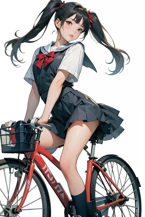 (masterpiece, highest quality:1.2), one girl, (twin tails)、ride a bicycle, alone,