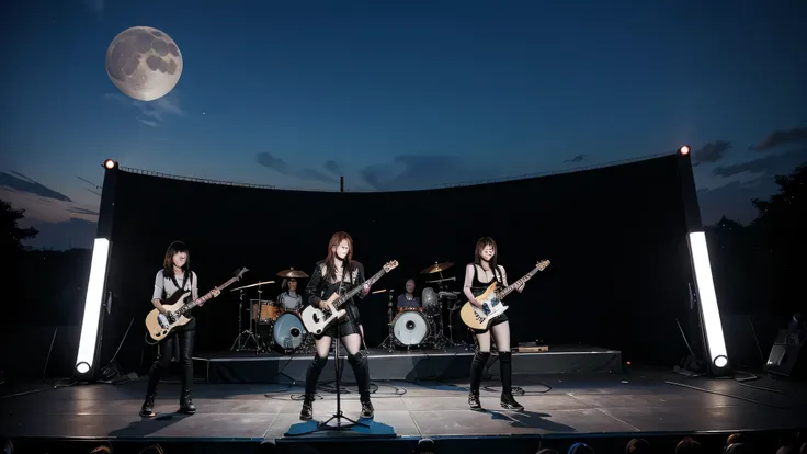 female j-rock band on stage, moon on the sky