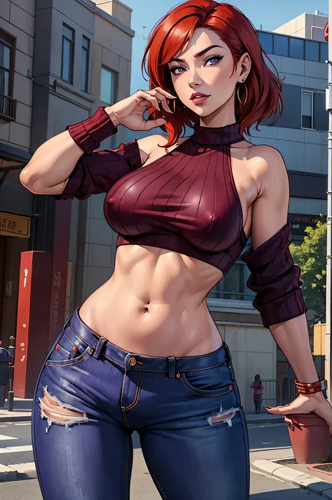 (Masterpiece, Best Quality, High Quality),(NSFW:1.3),Nishikino maki, Red hair, purple eyes, cowboy shot,low waisted pants, tight ,(sweater crop top), (sexy stomach), detailed belly, midriff, big breasts,looking at viewer,  earrings,in street