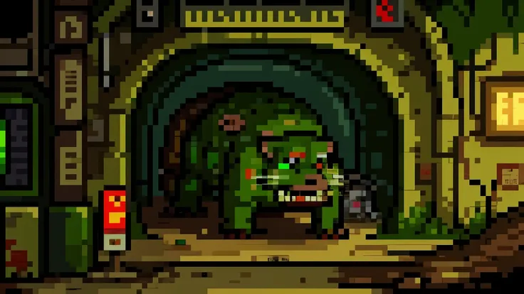 pixel art,pixel perfect,highly detailed, post apocalyptic, underground tunnels, acid searing the floor, acid on the side, mutated rat staring down the tunnel, rat is disfigured, rat has green saliva dripping on the floor