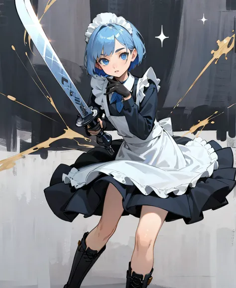 (masterpiece), ((Highest quality)), (Very detailed), (Beautiful eyes Beautiful details Eyes, Clean and delicate face), alone, Severe, Sword Drawing Technique, Blue Bob Hair, (blue eyes, Maid Fashion, White collar, mini skirt), thigh, Black gloves, Black Ar...