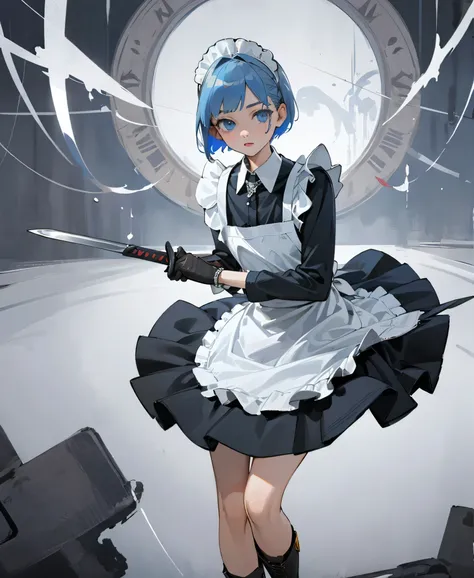 (masterpiece), ((Highest quality)), (Very detailed), (Beautiful eyes Beautiful details Eyes, Clean and delicate face), alone, Severe, Sword Drawing Technique, Blue Bob Hair, (blue eyes, Maid Fashion, White collar, mini skirt), thigh, Black gloves, Black Ar...