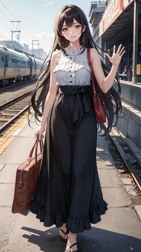 a girl with long flowing hair, smiling and waving, wearing a casual sleeveless blouse with frills and a long maxi skirt, holding a shoulder bag, standing outside a train station, photorealistic, 4k, hyperdetailed, high quality