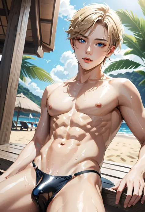 high quality, detailed, Realistic, (one 16 years old japanese boy), (detailed blue eyes), (abs:1.2), (shiny skin), detailed nipples, blond hair, (black tiny thong), (erected bulge), summer beach, (smile:0.8), close up face, (sweat:1.4)