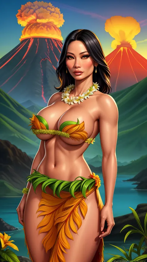 a beautiful woman, Lucy Liu, wearing a grass skirt and flower lei, standing in front of a tropical volcano landscape, detailed facial features, beautiful eyes and lips, long eyelashes, photorealistic, vibrant colors, cinematic lighting, masterpiece, 8k, ul...