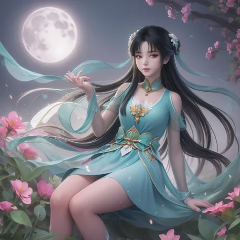 One girl, Girl with long black hair, smile, Hilarious, The girl is sitting in a large flower field, surrounded by beautiful flowers, Calm and peaceful atmosphere, night, moonlight , Beautiful glowing butterflies surround the girl lighting up the darkness o...