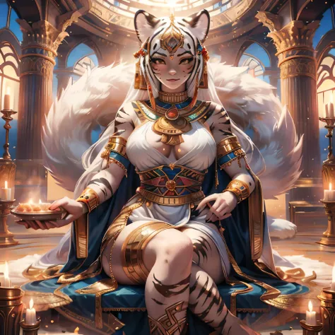 [Best quality, shadow, extreme detail, highly detailed, ultra detailed, intricate, realistic, intricate and detailed masterpiece of an Egyptian dream], the dream is of the human cat breed, she is decorated with tattoos ​​​​of complex tigers, sporting magni...