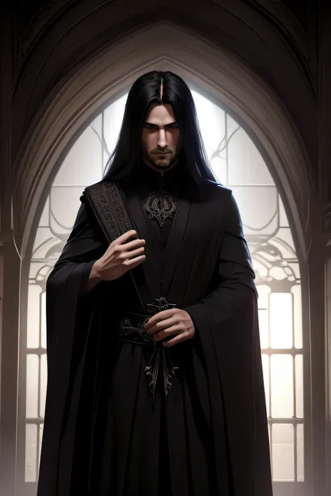 a young male occultist, gothic fantasy, long hair, deep-set eyes, black robe, arcane symbols, grimoire, enigmatic presence, high quality, 8k, intricate details, chiaroscuro lighting, moody atmosphere, dark and mysterious, dramatic, cinematic