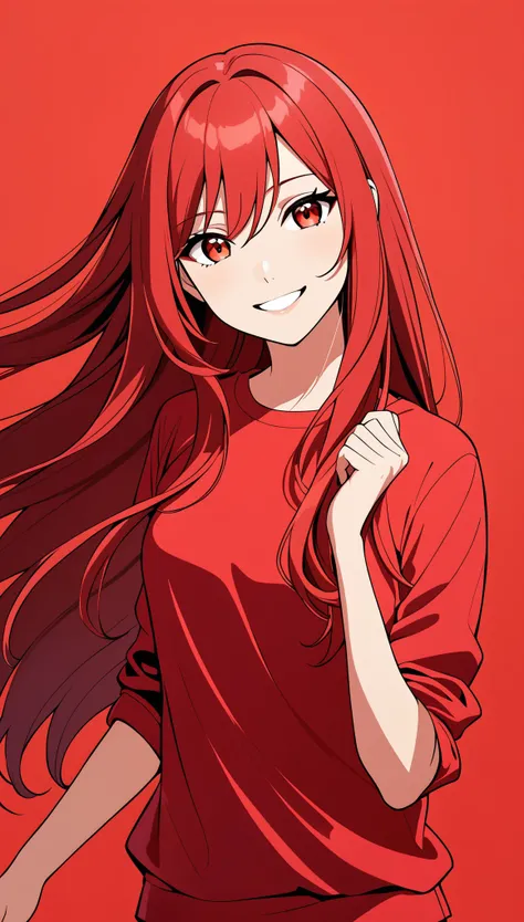 1 Girl, Dynamic Action, Smile, Smooth long hair, Red long hair, Red background, Red long-sleeved loose T-shirt, Red background, Solid color background, Flat style, Red Worship, Minimalism, Anime style