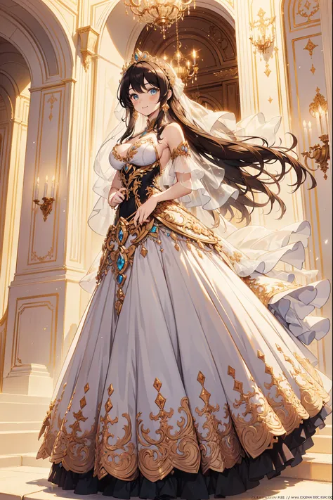 ((Anime art style)),(Masterpiece),(Best quality), (Super detail),((Very delicate and beautiful)),1 girl,((Full body portrait)),Stand at the Palace of Versailles,((Solo)),Digital art,(((1 girl in a gorgeous Rococo queen ball dress,Wear yours with a volumino...