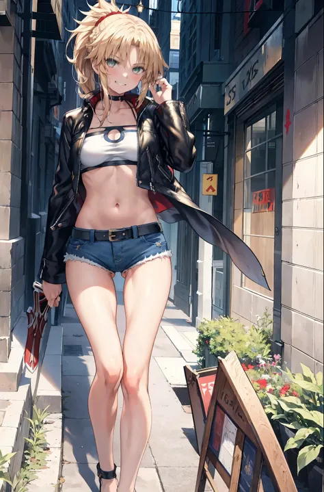 Masterpiece, Best Quality, illustration, city street, 1girl, Mordred (fate), cowboy shot, collarbone, Detailed blond hair ponytail braid, green eyes, Red leather jacket, White short blouse, denim shorts,navel,thigh-high,grin, covered_pussy,skiny,long_sword...