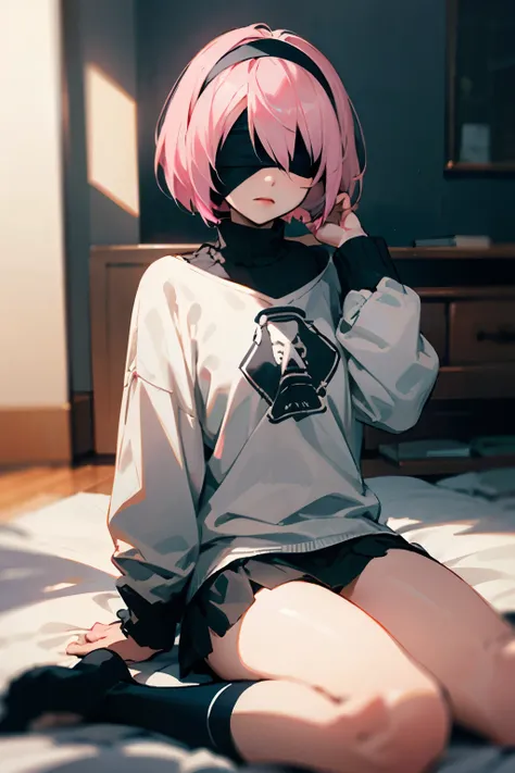 2b_na, pink hair, black blindfold, black hairband, with a white sweatshirt, with long black socks