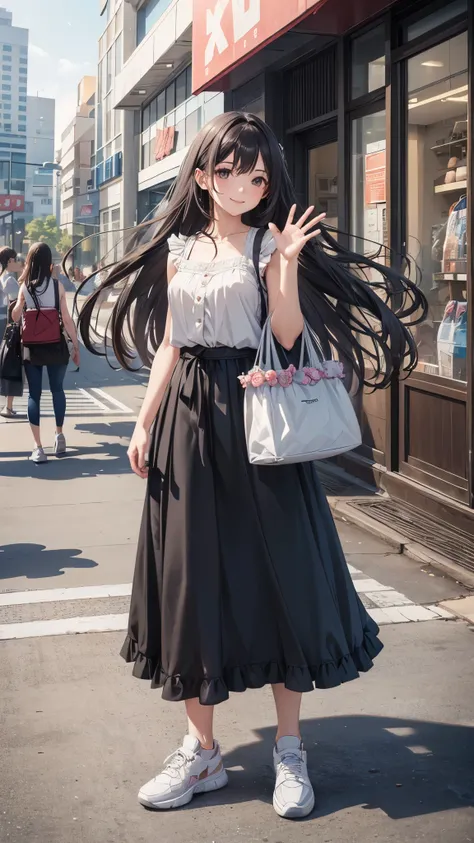 a girl with long flowing hair,5 fingers,smiling and waving, wearing a casual sleeveless blouse with frills and a long maxi skirt, holding a shoulder bag,sneaker,standing outside a shopping mall,photorealistic, 4k, hyperdetailed, high quality