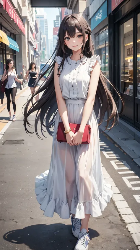 a girl with long flowing hair,5 fingers,smiling and waving, wearing a casual sleeveless blouse with frills and a long maxi skirt, holding a shoulder bag,sneaker,standing outside a shopping mall,photorealistic, 4k, hyperdetailed, high quality