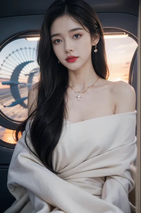 (((best quality))),(((ultra detailed))),(((masterpiece))),illustration,(a beautiful girl,female passenger,solo),(parted red lips),((slim,thin,small breasts,flat chest)),((earrings,crystal necklace)),(slender legs:1.2),summer night,((in airplane,economy cla...