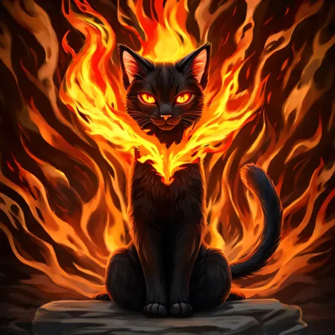 feral cat, large cat, short pitch black fur, fiery eyes, glowing orange eyes, (sitting in a sea of flames)